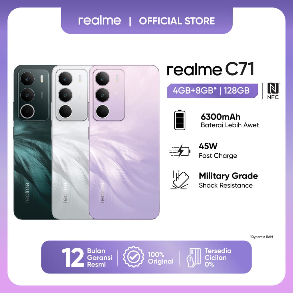 realme C71 4GB+8GB* |128GB (6300 Baterai | 45W Fast Charge | Military Grade Shock Resistance | NFC)