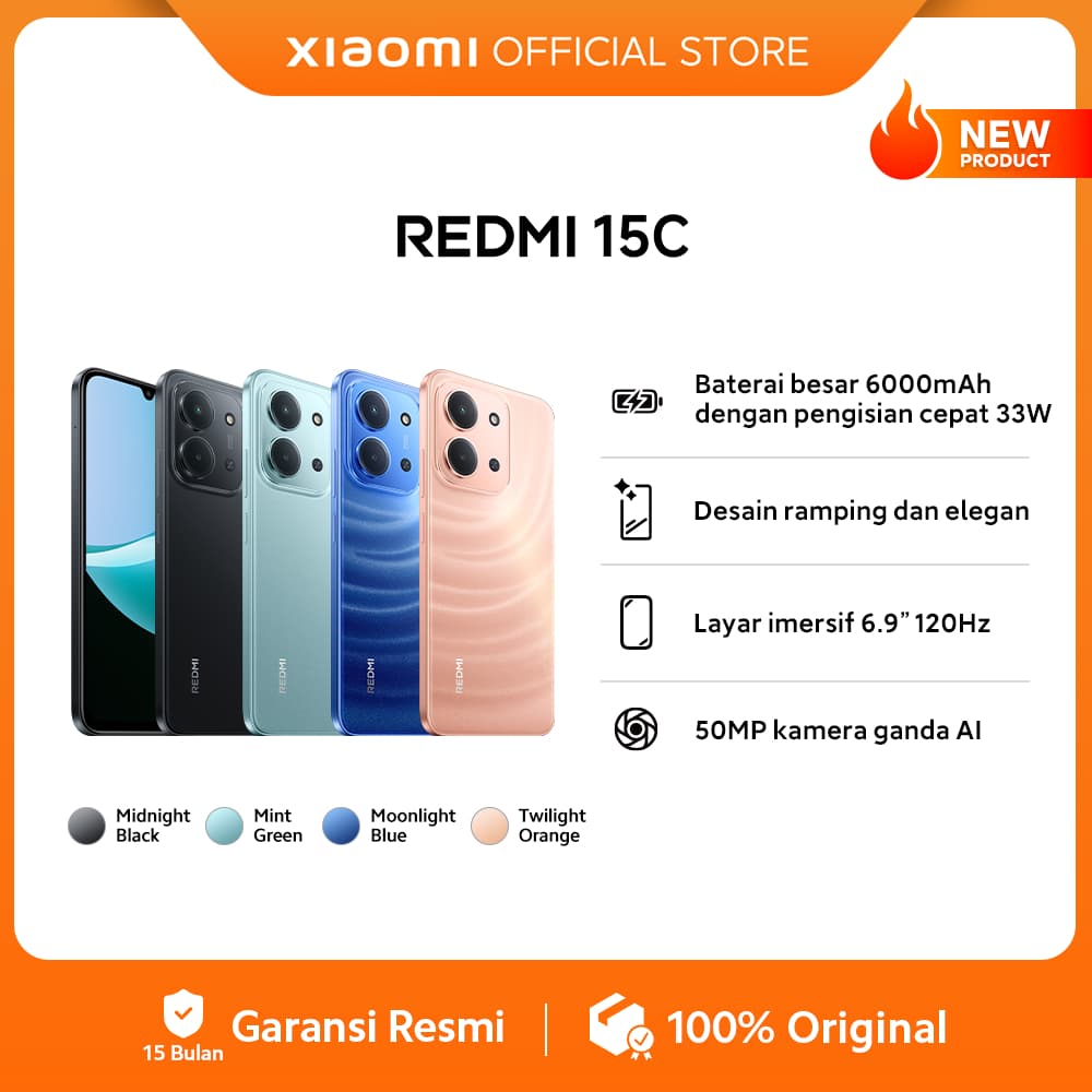 Xiaomi Redmi 15C (6GB/128GB) (8GB/256GB) | Baterai besar 6000mAh dengan pengisian daya 33W | Desain ramping dan elegan | Layar Imersif 6.9" 120Hz | 50 MP kamera ganda AI [Offical Store]