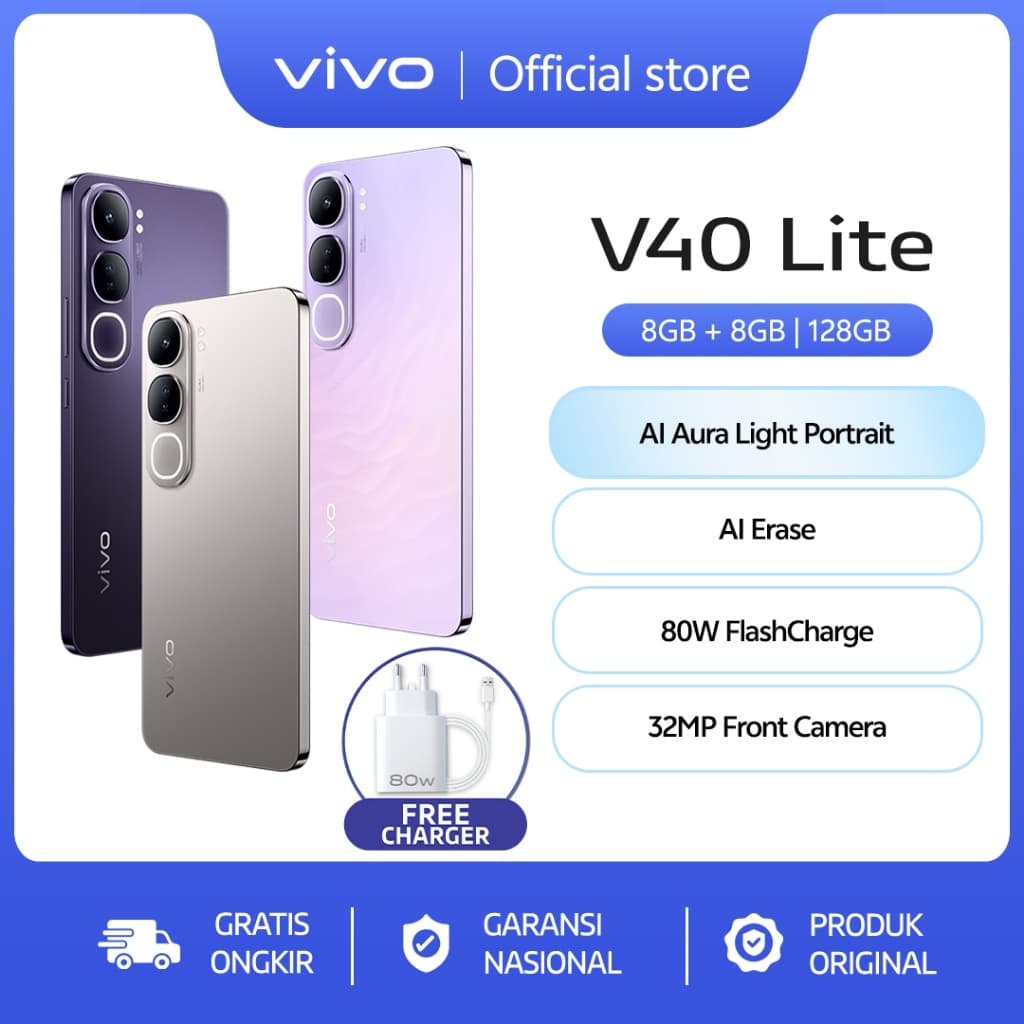 vivo V40 Lite 4G (8/128) - AI Aura Light Potrait, AI Erase, 80W FlashCharge, 32MP Front Camera