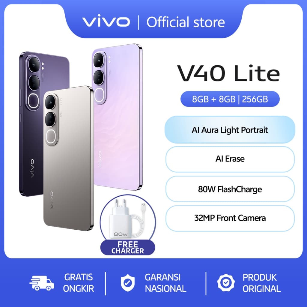 vivo V40 Lite 4G (8/256) - AI Aura Light Potrait, AI Erase, 80W FlashCharge, 32MP Front Camera