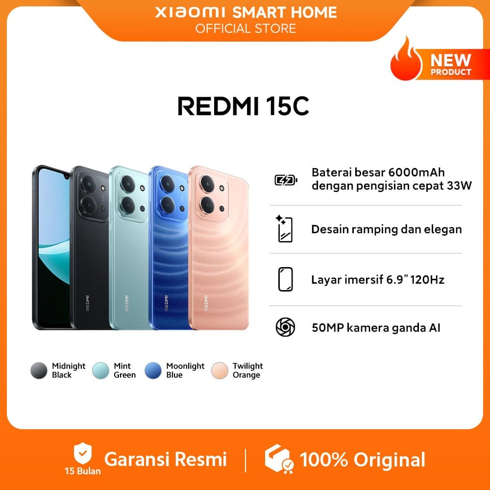 Xiaomi Redmi 15C (6GB/128GB) (8GB/256GB) | Baterai besar 6000mAh dengan pengisian daya 33W | Desain ramping dan elegan | Layar Imersif 6.9" 120Hz | 50 MP kamera ganda AI [Offical Store]